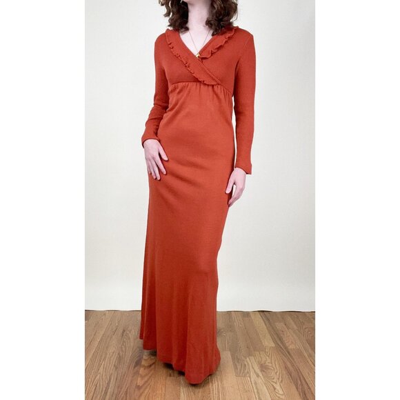 Vintage 1970s Knit Sweater Maxi Dress Ruffle Long Sleeve Boho Bohemian 70s 70's - Picture 1 of 10
